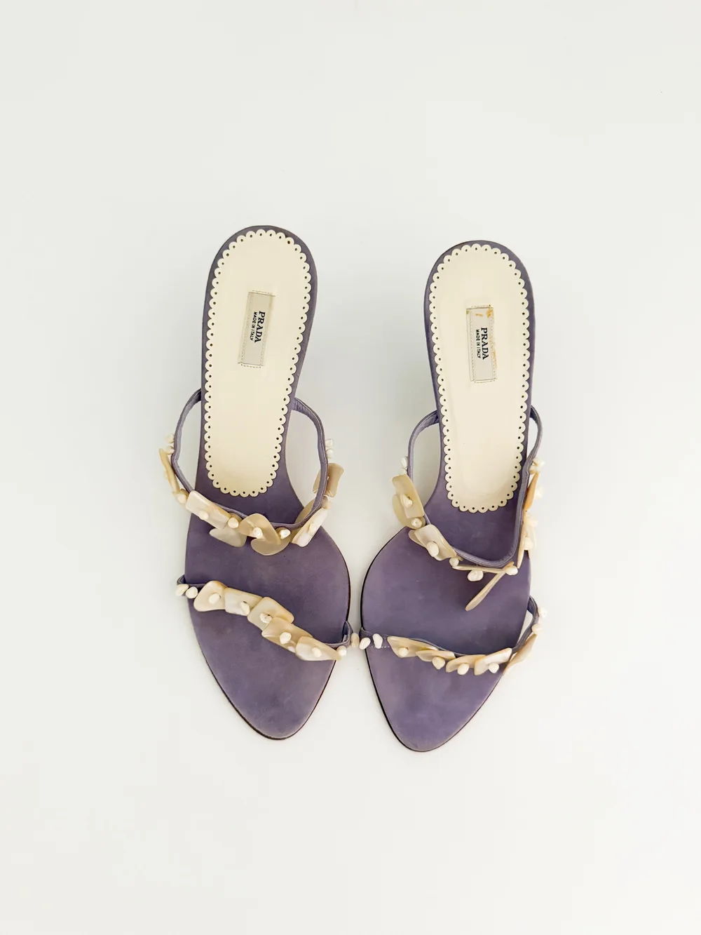 Prada Vintage Shell Suede Sandal Heels (US 9 / IT 39) — sororité.